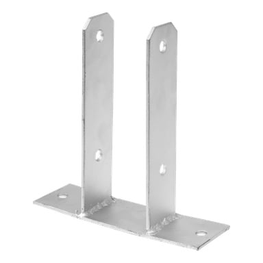 Hard Head Post Shoe ma płaską podstawę oraz dwie pionowe, równoległe metalowe płyty, każda z dwoma otworami do mocowania lub zabezpieczania. Metal wygląda na błyszczący i niepokryty.