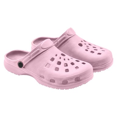Ett par ljusrosa Kayoba Outdoor "Slippers children" med ventilationshål på toppen och justerbara hälarem placeras sida vid sida.