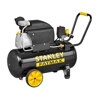 En svart och gul Stanley Fatmax Compressor D 211/8/50S är avbildad från sidan, med sin cylindriska tank, gula handtag och hjul samt en monterad tryckmätare.