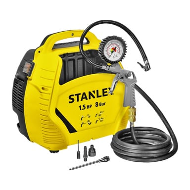 Ett gult Stanley Compressor Air Kit med svart handtag, ansluten slang, tryckmätare och flera munstyckstillbehör placerade framför; enheten visar "1,5 hk 8 bar.".