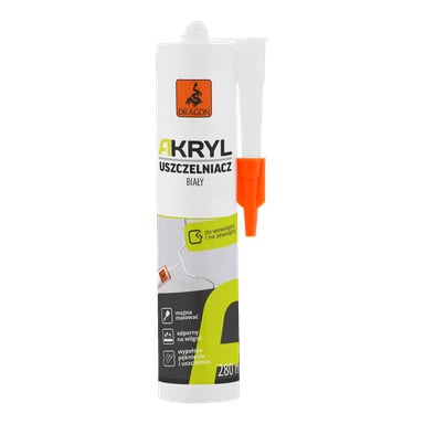 Tubka Dragon Acrylic Sealant o pojemności 280 ml w białym kolorze z pomarańczową nakrętką. Etykieta zawiera instrukcje użycia, ikony oraz ilustrację pokazującą, jak uszczelniacz jest nakładany na pęknięcie w ścianie.