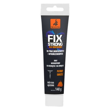 Tubka superglue Fix Strong od Dragon. Opakowanie jest czarne z pomarańczowo-białym napisem, z pomarańczowym smokiem na górze. Tubka zawiera 140 gramów wodoodpornego kleju montażowego.