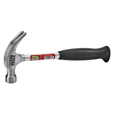 Młot stolarski Meec Tools z srebrną metalową głowicą, czarną teksturowaną rękojeścią i czerwoną etykietą Meec Tools na trzonku.