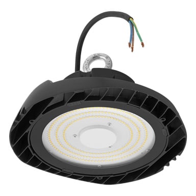 Przemysłowa lampa LED Anslut z czarnym, okrągłym korpusem, zestawem małych diod LED ułożonych w pierścień, metalowym mocowaniem u góry oraz trzema widocznymi przewodami elektrycznymi wychodzącymi z tyłu.
