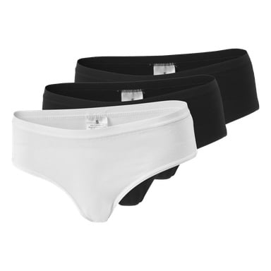 Das Bluewear Panties 3-Pack zeigt zwei schwarze und ein weißes Paar, jeweils mit einem Bund-Tag, die sich überlappen.