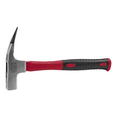 Młot dekarski Meec Tools z czarno-czerwonym ergonomicznym trzoneczem, wykonany z metalu, z płaskim frontem uderzającym na jednym końcu i spiczastym pazurem na drugim.