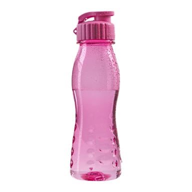 Kayoba Water -pullo, valmistettu kirkkaasta vaaleanpunaisesta muovista ja siinä on käännettävä kansi, seisoo pystyasennossa. Sen pinnalla näkyy vesipisaroita ja se on osittain täytetty vedellä.