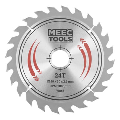 Meec Tools geringssågblad med 24 tänder, 190x30x2,6 mm, upp till 7000 varv per minut, för trä; silverfärgad yta med röda markeringar.