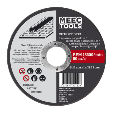 Eine runde Metallschneidscheibe von Meec Tools mit einem schwarz-silbernen Etikett, das verschiedene Produktdetails, Sicherheits- und Spezifikationsinformationen, Warnsymbole und ein zentrales Montageloch enthält.