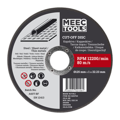 Meec Tools skärskiva avsedd för användning på stål och tunn metall, mäter 125 mm i diameter med en maxhastighet på 12 200 varv per minut (80 m/s) och ett centralt hål för montering. Skivan innehåller säkerhetssymboler, produktinformation och en streckkod på ytan. Den har svart, grå och röd färg.
