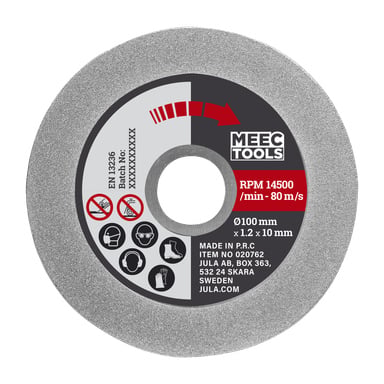 En grå Meec Tools diamantslipskiva med märkningar för RPM 14500, 100 mm x 1,2 x 10 mm, som visar säkerhetsikoner, en streckkodssektion och tillverkningsdetaljer i ett rött, grått, svart och vitt färgschema.