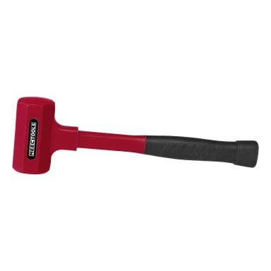 En rekylfri hammare med röd och svart färgskala, ett rektangulärt huvud med Meec Tools-logotypen och ett ergonomiskt svart handtag.