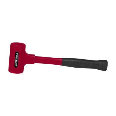 En Meec Tools hammare utan rekyl med ett rött och svart gummihuvud och ett texturerat grepphandtag, med varumärket på sidan.