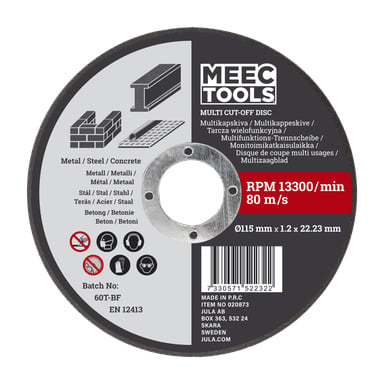En Meec Tools Multi-cut skiva med svart och silverfärgat färgschema, designad för att skära material som metall, stål och betong. Skivan är märkt med specifikationer som inkluderar 13300 varv/minut, en hastighetsklassning på 80 m/s, en diameter på 115 mm och en tjocklek på 1,2 mm. Olika säkerhetsikoner visas på produktetiketten.