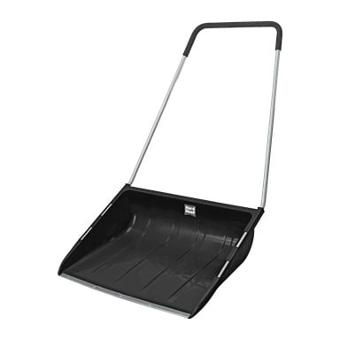 En stor svart Hard Head Sledge snöskott med ett slitstarkt metallramhandtag och ett dämpat svart skumgrepp, kombinerat med en extra bred plastscoop designad för effektiv snöröjning från trottoarer och uppfarter.