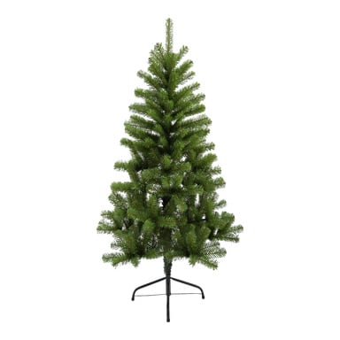 En EKVIP julgran med fulla, jämnt arrangerade gröna grenar står på en stadig svart metallsockel.