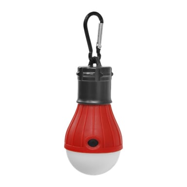 Röd och vit Kayoba-tältlampa med en svart karbinhake på toppen för enkel montering eller transport, och en strömknapp placerad framtill.
