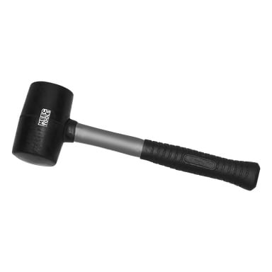 En svart gummiklubba med grått metallhandtag och ett svart handtag med texturer. Det cylindriska huvudet visar varumärket Meec Tools i vitt på ena sidan.