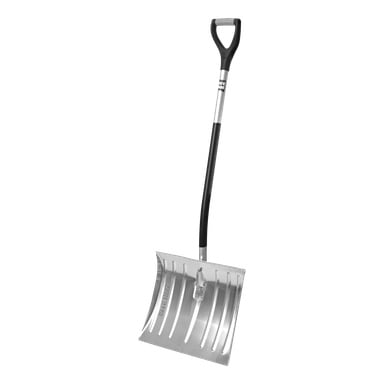 En aluminiumsnöspade från Hard Head med ett brett, böjt silverblad och ett svart handtag toppat med ett grått D-grepp.