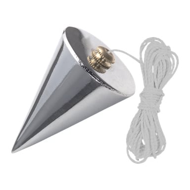Et sett med to Meec Tools loddbobs, hver med polert metallisk finish og en messingkobling øverst for å feste den medfølgende hvite snoren, som er pent sammenrullet.