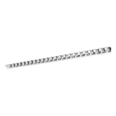 En hard head rail designet for PVC-stripegardiner, med ensartede rektangulære utskjæringer og hakk jevnt fordelt langs lengden.