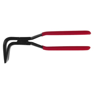Eine Paar Meec Tools Faltzangen, gefertigt aus schwarzem Metall, mit schrägem Kiefer und rot beschichteten Griffen, die horizontal liegen.