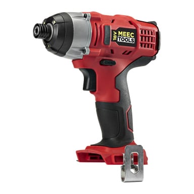 Johdoton Meec Tools Multiseries Impact driver ID-18V HOME 500 punamustana, varustettuna 18V akkupaikka, metallinen vyöklipsi pohjan lähellä ja musta kuminauha kahvalla otetta varten.