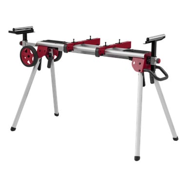 Der Meec Tools Saw-Stand für Querschnitt-/Gehrungssäge umfasst einen silbernen Rahmen, vier klappbare Beine, rote und schwarze verstellbare Halterungen sowie große schwarze Räder für Mobilität.