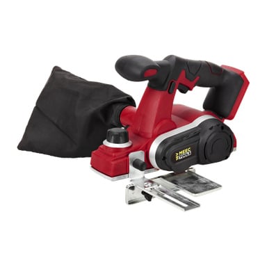 En rød og svart Meec Tools Multiseries elektrisk høvel PL-18V HOME 500 med støvoppsamlingspose, justerbar kontrollknapp og slitesterk metallbase.