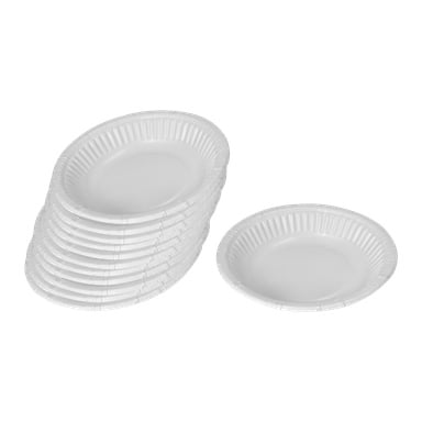 En hög med Papstar Paper Bowls från ett 12-pack visas bredvid en enda skål.