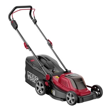 En röd och svart Meec Tools Multiseries 40 V batteridriven gräsklippare med en bakre gräsuppsamlingspåse.