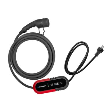 En Blaupunkt portabel elbilladdare Type 2 med en spiralad kabel har en standardkontakt i ena änden, en laddningskontakt i den andra och en central enhet med synliga indikatorlampor.