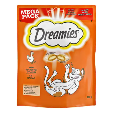 En orange 180-gallers påse Dreamies kattgodis med illustrationer av en tecknad katt och en höna. Förpackningen visar godsakerna, lyfter fram deras kycklingsmak, vitaminer och mineraler samt lågkaloriinnehåll.