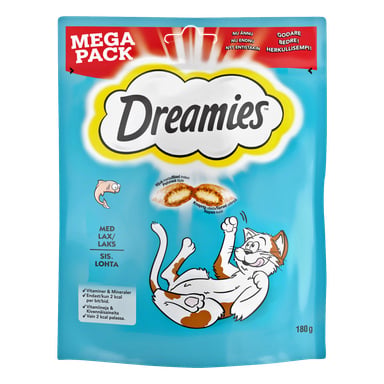 Ett blått 180g Mega Pack med Dreamies-kattgodis med en tecknad katt, bilder på fisk och laxsmakande godis, tillsammans med text och produktdetaljer.