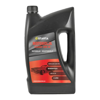 En svart 4-liters Starta Engine Classic-oljebehållare märkt 20W-50, med en illustration av en röd veteranbil på etiketten tillsammans med produktdetaljer.