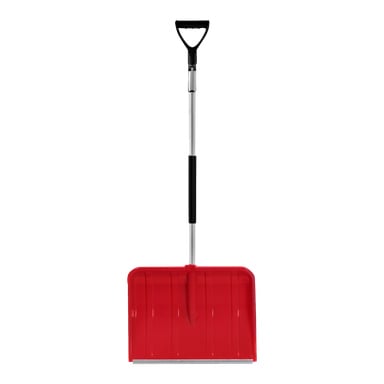 Łopata Hard Head Snow z teleskopową aluminiową rękojeścią, szerokim czerwonym plastikowym ostrzem i czarnym uchwytem w kształcie litery D stoi pionowo.