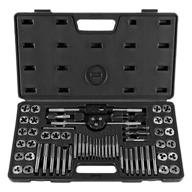 Ett öppet svart plastfodral från Meec Tools avslöjar ett 60-delat gängreparationskit, med tappar, stansar, handtag och skiftnycklar ordnade i specialgjutna fack.