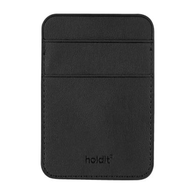 En svart läderkorthållare med rektangulär form, rundade kanter och två spår. "Holdit" är tryckt nära den nedre mitten av den släta, otexturerade ytan.
