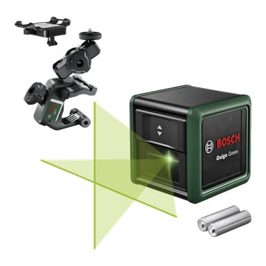 Bosch Quigo Green-lasernivån visas med livfulla gröna horisontella och vertikala linjer, ackompanjerade av två AA-batterier och ett monteringsfäste.