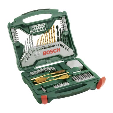 Otwórz zieloną skrzynkę narzędziową Bosch X-Line Titan z zestawem wiertł i wiertł (70 części) z różnorodnymi wiertłami, wiertłami, nasadkami i innymi akcesoriami narzędziowymi, starannie ułożonymi w oznaczonych przegródkach. Centralna biała część zdobi logo Bosch.
