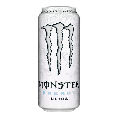 En 16 fl oz burk Monster Energy Ultra Zero Sugar med vit bakgrund, en framträdande silverfärgad M-logga, svart och ljusblå text och märkt med Zero Sugar och Zero Calorie högst upp.