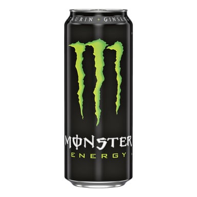 En hög svart Monster Energy-burk visar den karakteristiska stora gröna klomärkeslogotypen, med "Monster Energy" tydligt tryckt i vita och gröna bokstäver. Den övre delen av burken noterar att den innehåller taurin plus ginseng.