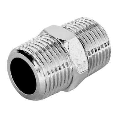 En detaljerad vy av en JWL Connection-adapter framhäver dess polerade metallyta, gängade ändar designade för att koppla ihop rör och en sexkantig mittsektion för att säkerställa en fast passform.
