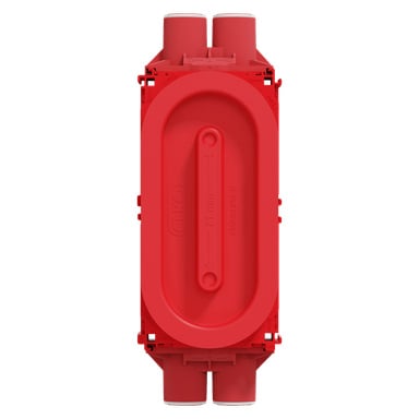 En röd ELKO Flexi+ plastkopplingsdosa med ovalt centralt lock, två runda öppningar upptill och ner, samt "ELKO" präglat på locket.