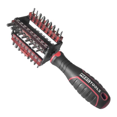 Meec Tools Screwdriver Set innehåller 37 delar med ett svart och rött handtag. Den har olika utbytbara delar organiserade runt verktyget, vilket ger olika skruvmejselalternativ.