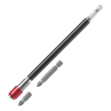 Pokazano magnetyczny uchwyt Meec Tools w kolorze czarno-srebrnym z czerwoną nakrążeniem, a obok niego umieszczono dwa odłączane bity do śrubokrętów — jeden krzyżowy i jeden płaski.