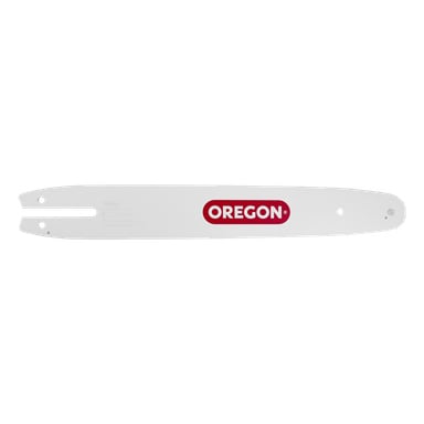 En vit Oregon 144MLEA041 sågsstång visade den rödvita OREGON-logotypen i mitten, med flera hål och spår designade för montering och fäste kedjan.