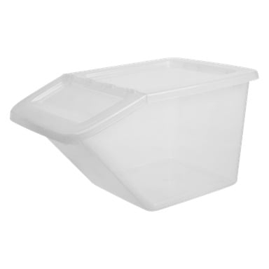 Pudełko do przechowywania Hard Head Stackable wygląda na puste i przezroczyste, wykonane z przezroczystego plastiku z pochylonym przednim otworem i zawiasową pokrywą, która pokazuje jego kształt i wymiary.