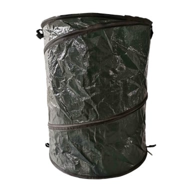 Eine grüne Hard Head Leaf Bag, gefertigt aus robustem, zerknittertem Material, steht vollständig ausgeweitet in einer zylindrischen Form mit schwarzer Verzierung und Seitenhenkeln. Die zusammenklappbare Tasche ist leer.