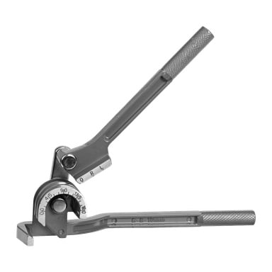 Meec Tools Pipe Bender wird mit einem gebogenen, gradmarkierten Gauge, strukturierten, geräffelten Griffen und detaillierten Messmarkierungen für präzises Rohrbiegen gezeigt.